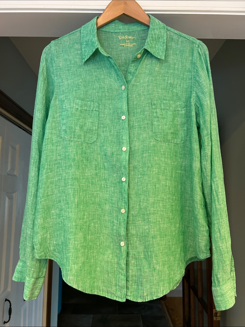 Lilly Pulitzer Long Sleeve Collared Textural Linen Button Down Top Sz M Green